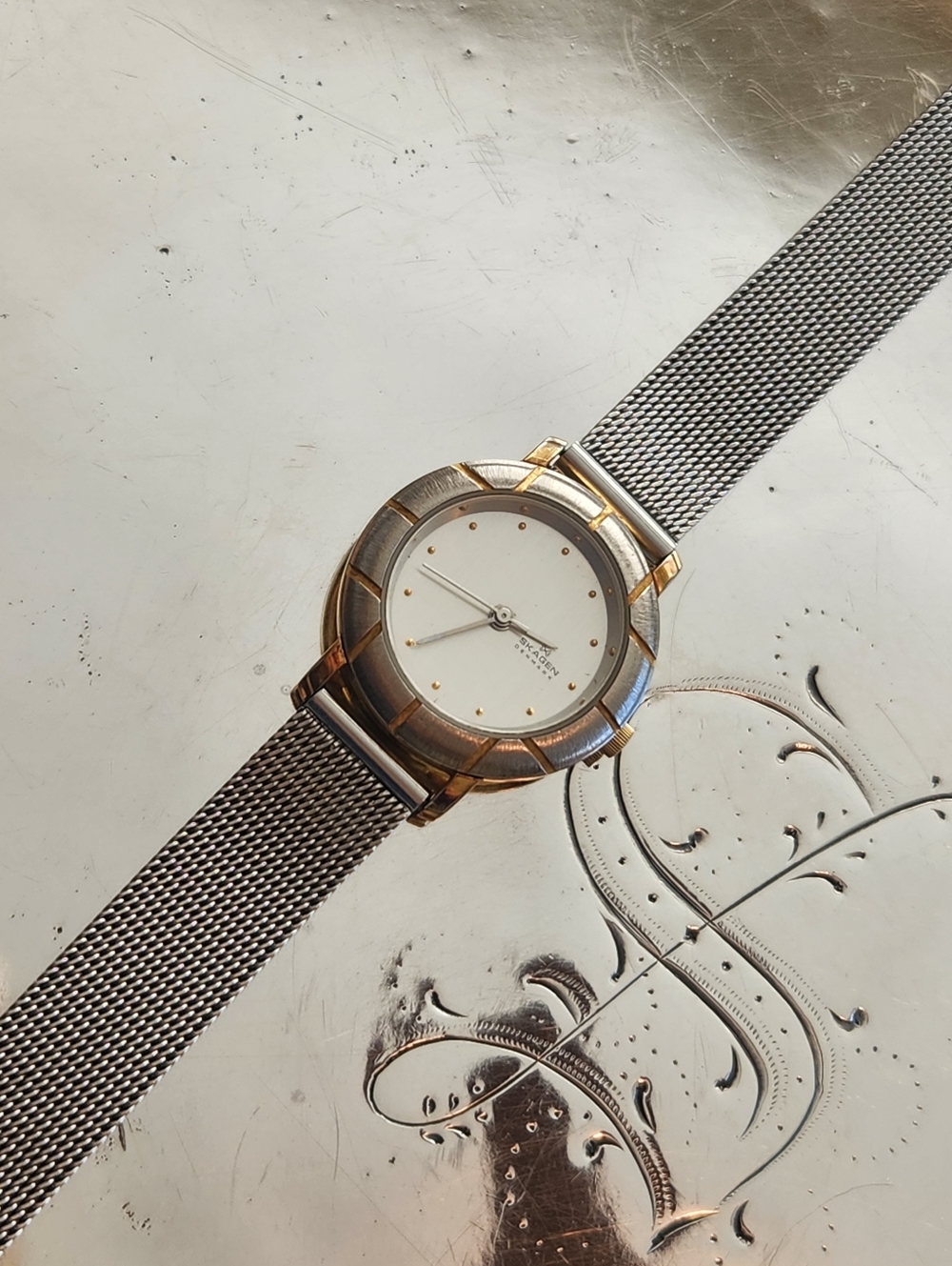 Beautiful Skagen Silver and Gold Watch With Silver Mesh Adjustable Band.